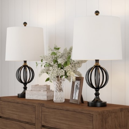 Hastings Home Iron Sphere Cage Lamp Set, Black 227594LAT